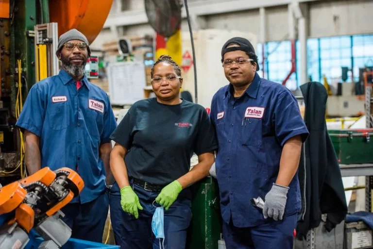 Pictured are Richard Jackson, Mary Lamar, and Casey Wright, all graduates of ACCESS to Manufacturing Careers who are now valued employees at Talan Products on Cleveland’s east side0