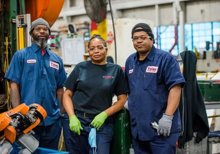 Pictured are Richard Jackson, Mary Lamar, and Casey Wright, all graduates of ACCESS to Manufacturing Careers who are now valued employees at Talan Products on Cleveland’s east side0